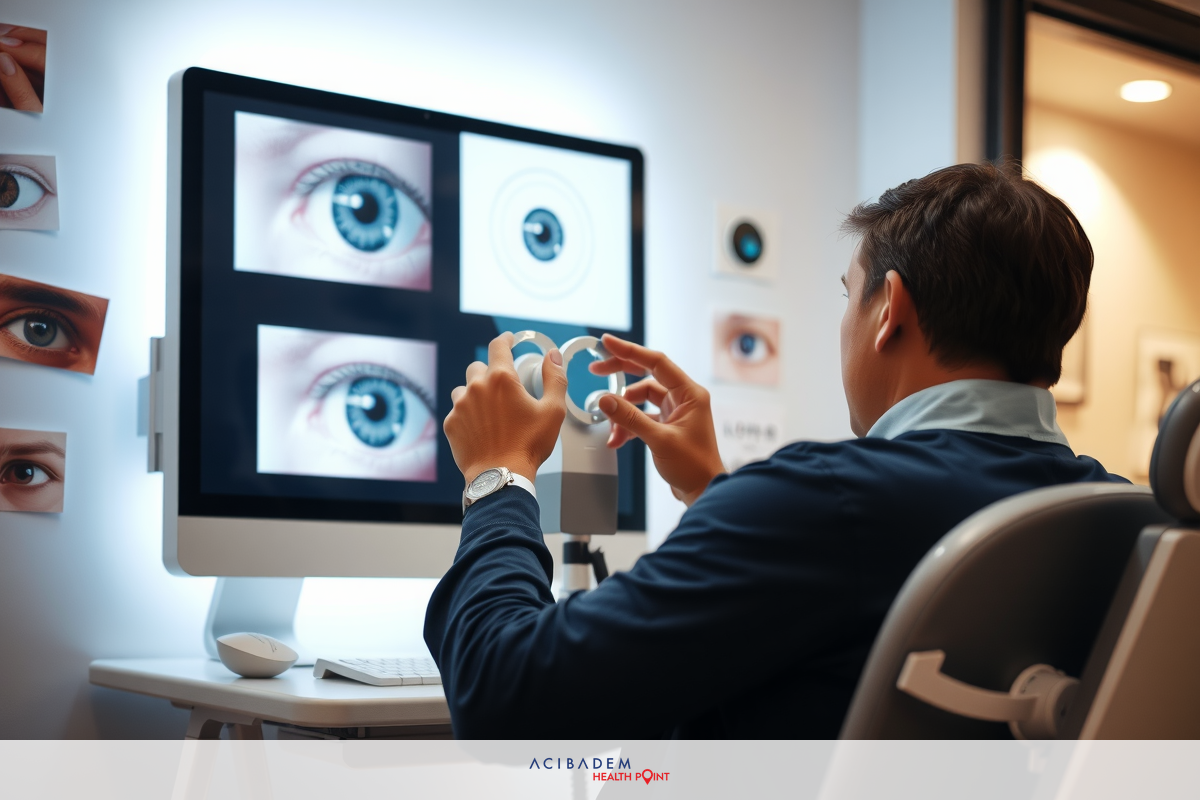A man wearing a black top, possibly a doctor, sits at a computer monitor displaying images of human eyes, possibly for analysis or diagnostic purposes. The setting is evocative of an office setting focused on eye care or research.