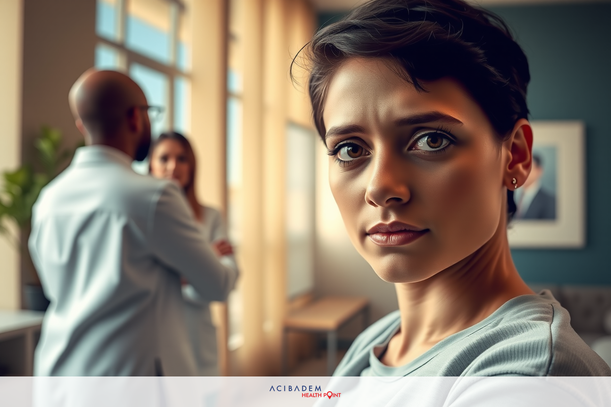 The image features a woman standing facing the camera in what appears to be an office setting. She is dressed casually and has short hair, looking directly at the camera. In the background are two people chatting; one appears to be a doctor, judging by their professional attire.