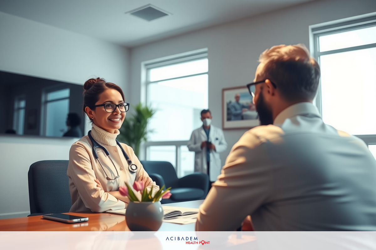 The image depicts a professional setting, likely an office or waiting room. In the scene, two individuals are seated at a table; the woman is smiling, while the other seems to be listening attentively. Behind them, there is another person observing. The environment includes modern furniture, suggesting a contemporary setting.