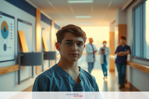 The image features a young male with short hair, wearing a blue surgical gown, standing in the center of what appears to be a hospital setting. Behind him are blurred figures that could be medical staff or patients.
