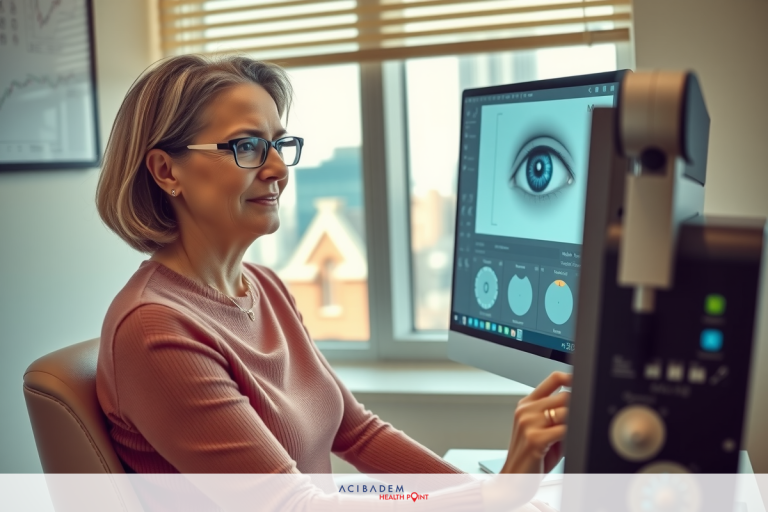 Can Lasik Eye Surgery Be Repeated? The image features a woman sitting in front of computer screens. She appears to be engaged in digital eye examination, as suggested by the eye-tracking device visible on the desk in front of her.