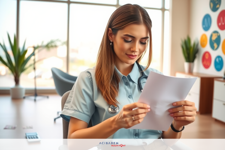 The image shows a woman in an office environment, focused on reading paperwork. She is wearing medical scrubs, suggesting she may be a healthcare professional such as a nurse or doctor.