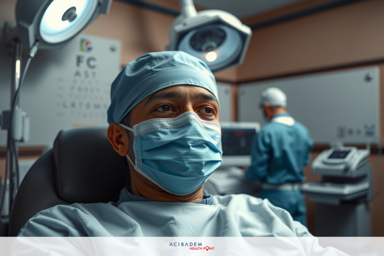 The image depicts a medical setting with a surgeon and anesthesiologist in the operating room. The surgeon is wearing surgical scrubs, mask, and a cap. There are various pieces of medical equipment visible, including monitor.