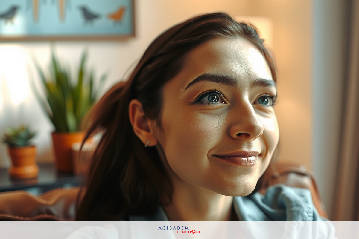This is an image of a woman sitting indoors. She has light-colored hair and appears to be smiling or in the middle of laughter.