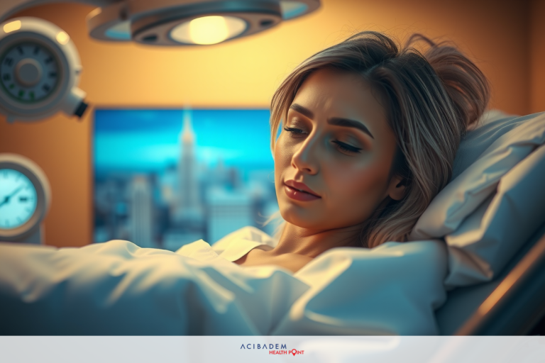 Does LASIK Change Eye Shape? The image shows a woman lying in a hospital bed. She is looking away from the camera, possibly resting or sleeping. Her surroundings include medical equipment such as an EKG machine and monitoring screens on the wall.
