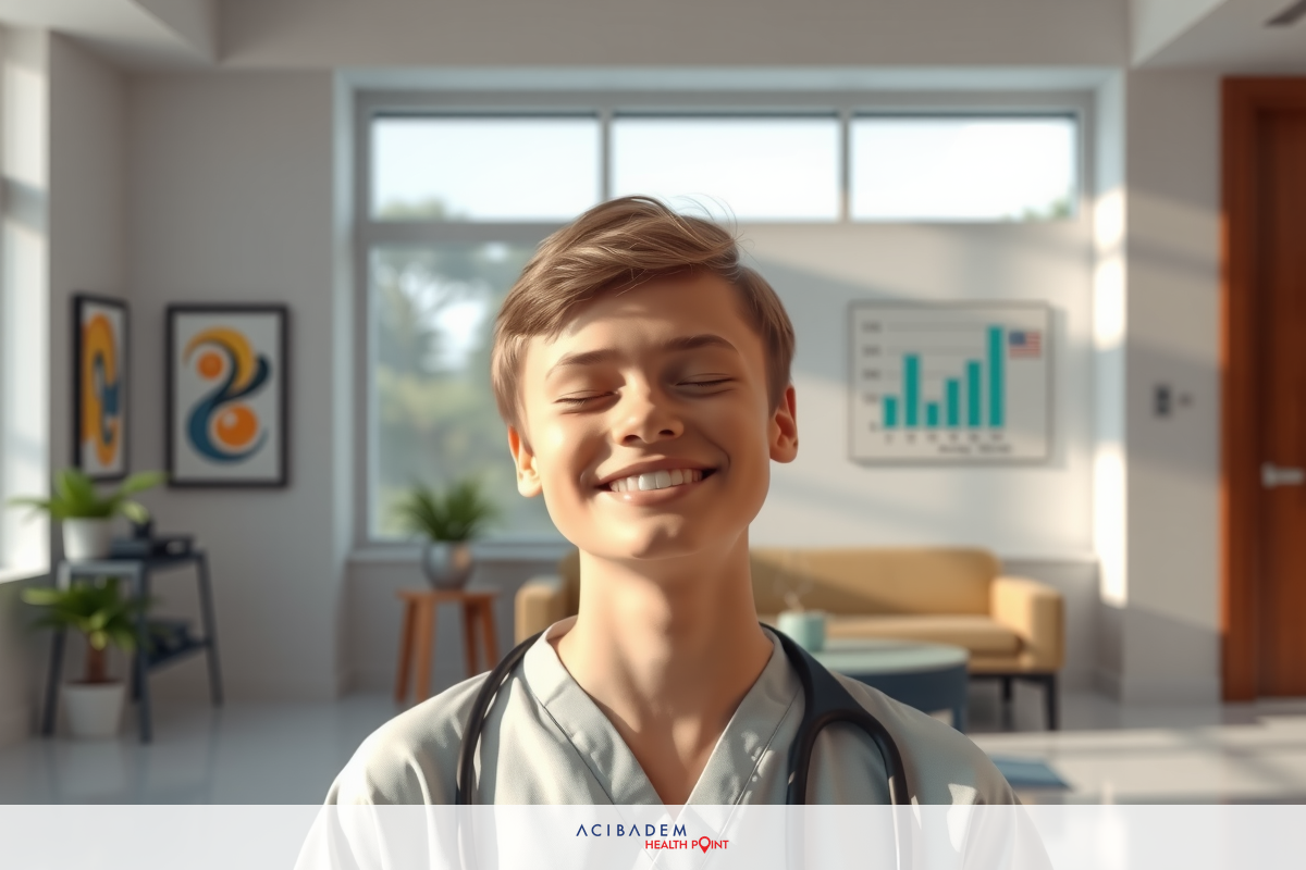 The image shows a young adult male wearing a light blue medical uniform, suggesting he might be a doctor or healthcare professional. He is smiling and looking directly at the camera with his eyes closed in a happy or content expression.