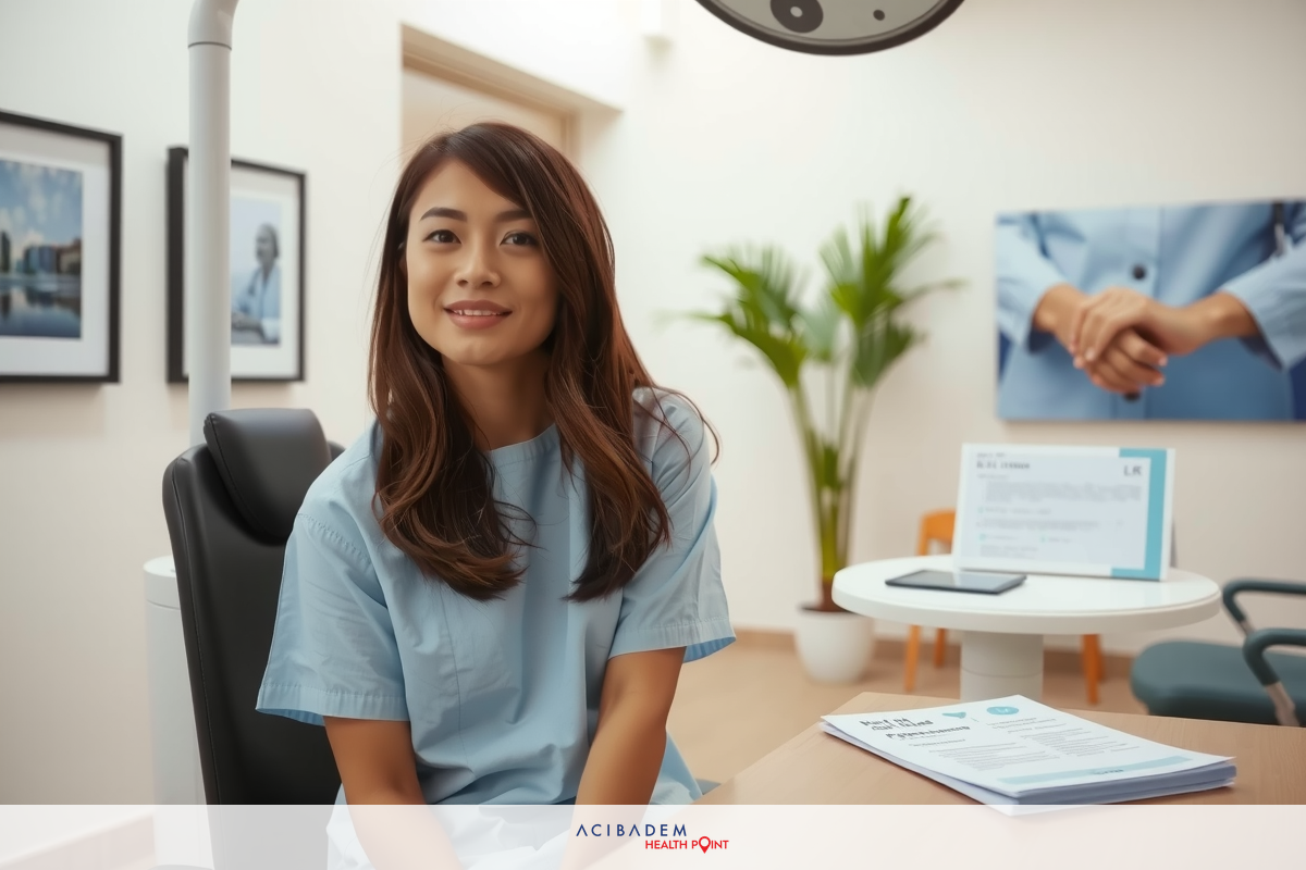 Woman in blue scrubs sitting at a desk in medical office environment, smiling towards camera.