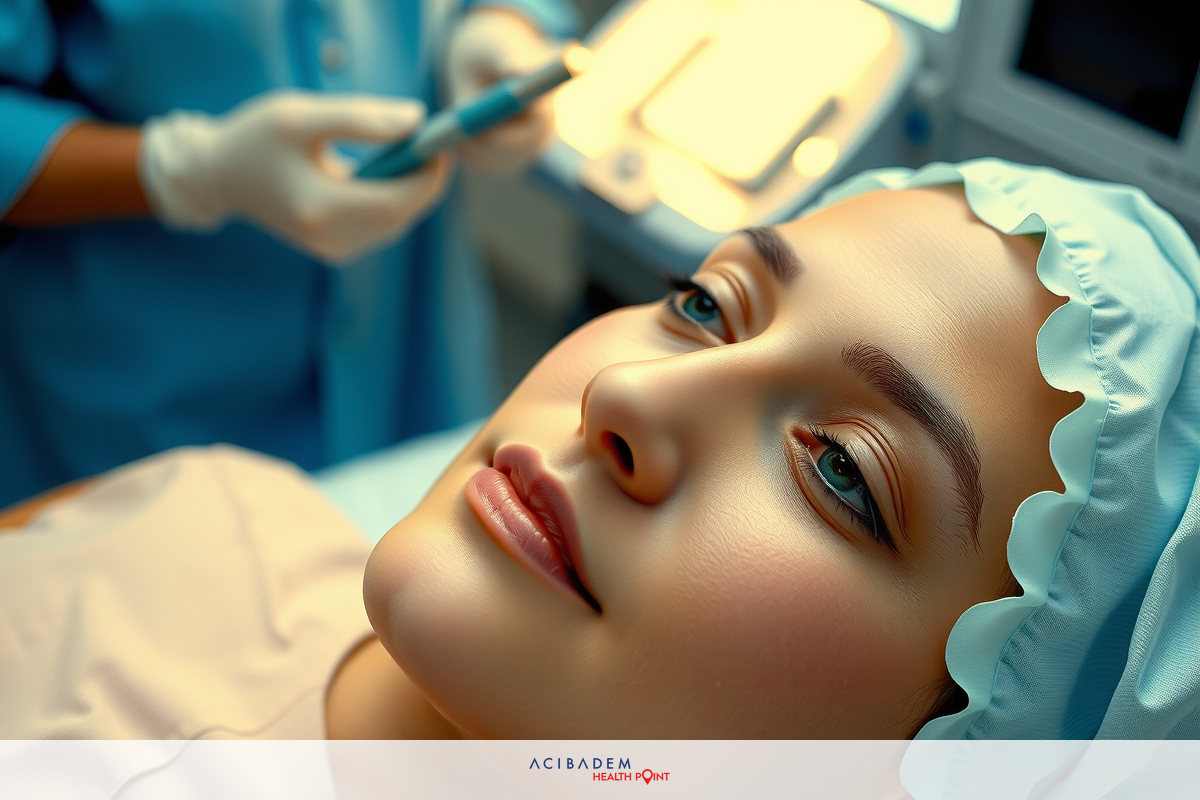This image captures a moment in a medical setting, featuring a woman lying on table. A surgeon is seated at her side, ready to perform a procedure.