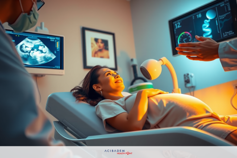 Is Laser Eye Surgery Dangerous When Pregnant? This image captures a scene in an ultrasound room where a pregnant woman is laying on her back, smiling at the technician. The technician stands behind a large screen displaying images from the ultrasound scan.