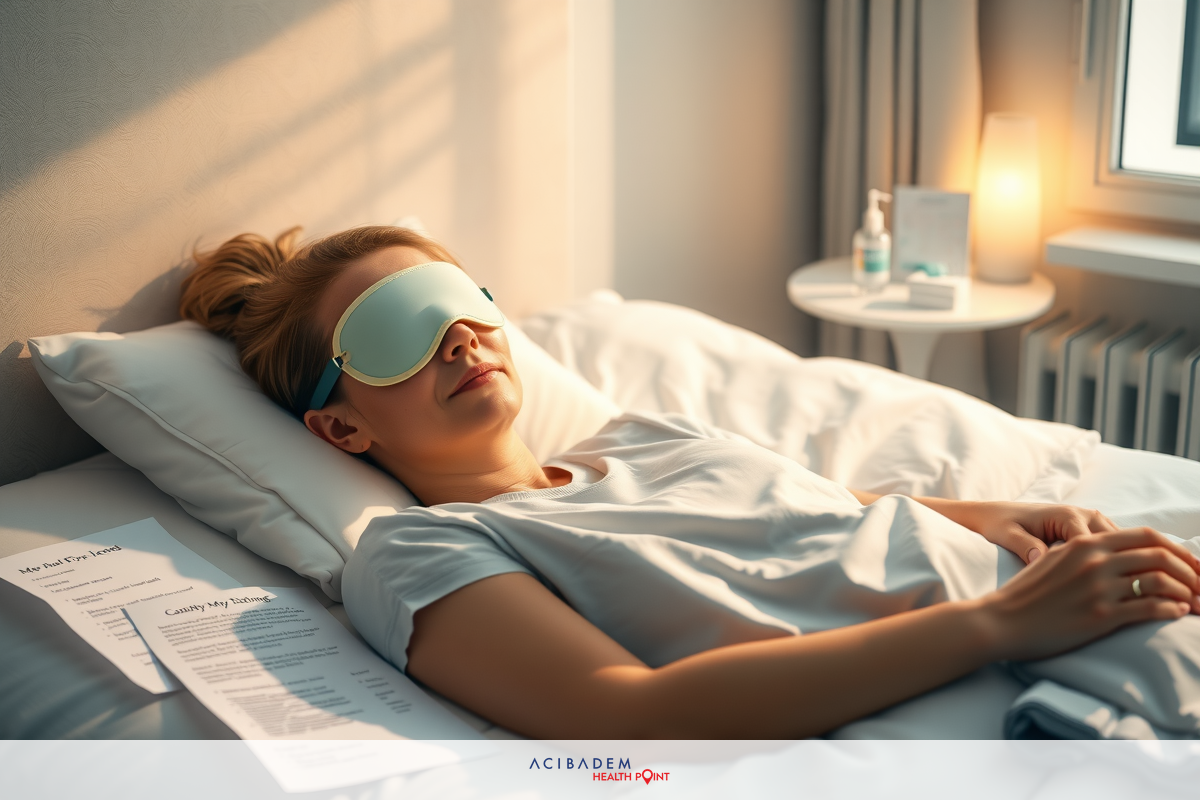 The image depicts a woman in a bedroom, lying on her back with her eyes closed. She appears to be resting or sleeping peacefully.