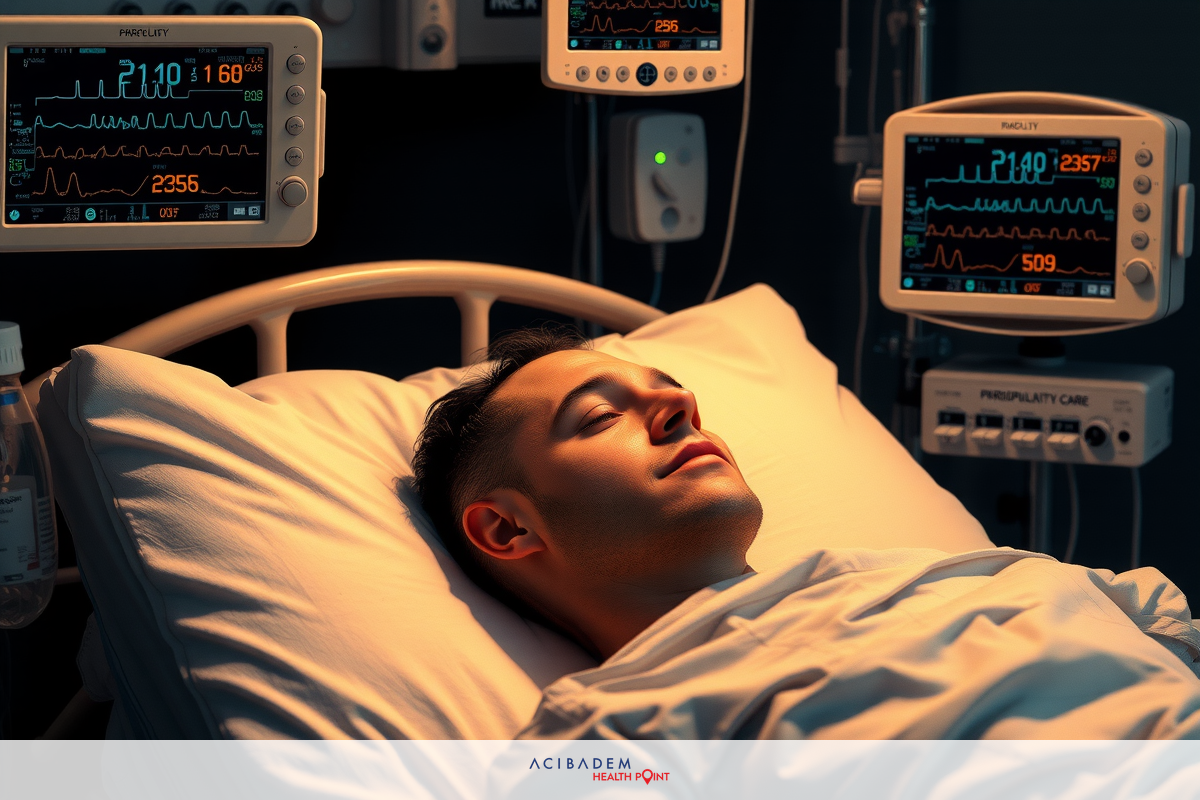 A man in a hospital bed with medical equipment. He appears to be unconscious or asleep, as suggested by his closed eyes and relaxed posture.