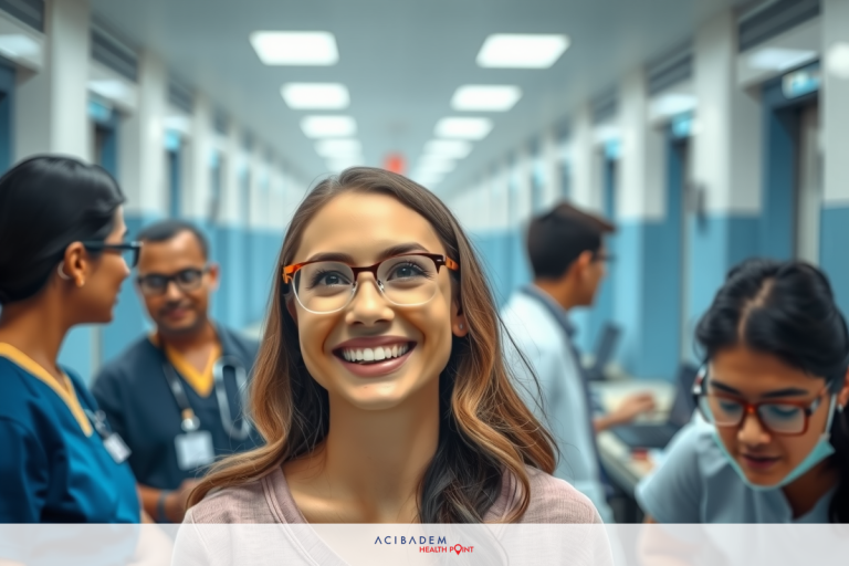 How Does Laser Eye Surgery Benefit Society? The image depicts a woman wearing glasses and smiling, seemingly in a hospital or medical facility. She is looking at the camera with her mouth open.