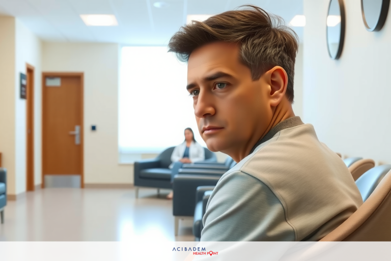 A man in a medical waiting room, looking at his phone with an intense expression. The setting includes chairs and medical office decor.