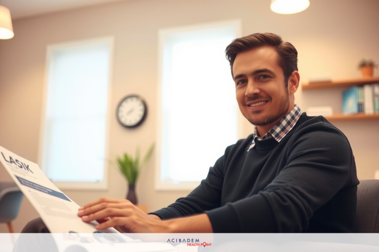 How Much is LASIK Per Eye The image features a young man sitting in an office environment, wearing a casual sweater. He is holding a document or brochure and appears to be reviewing it, possibly preparing for a meeting or presentation.
