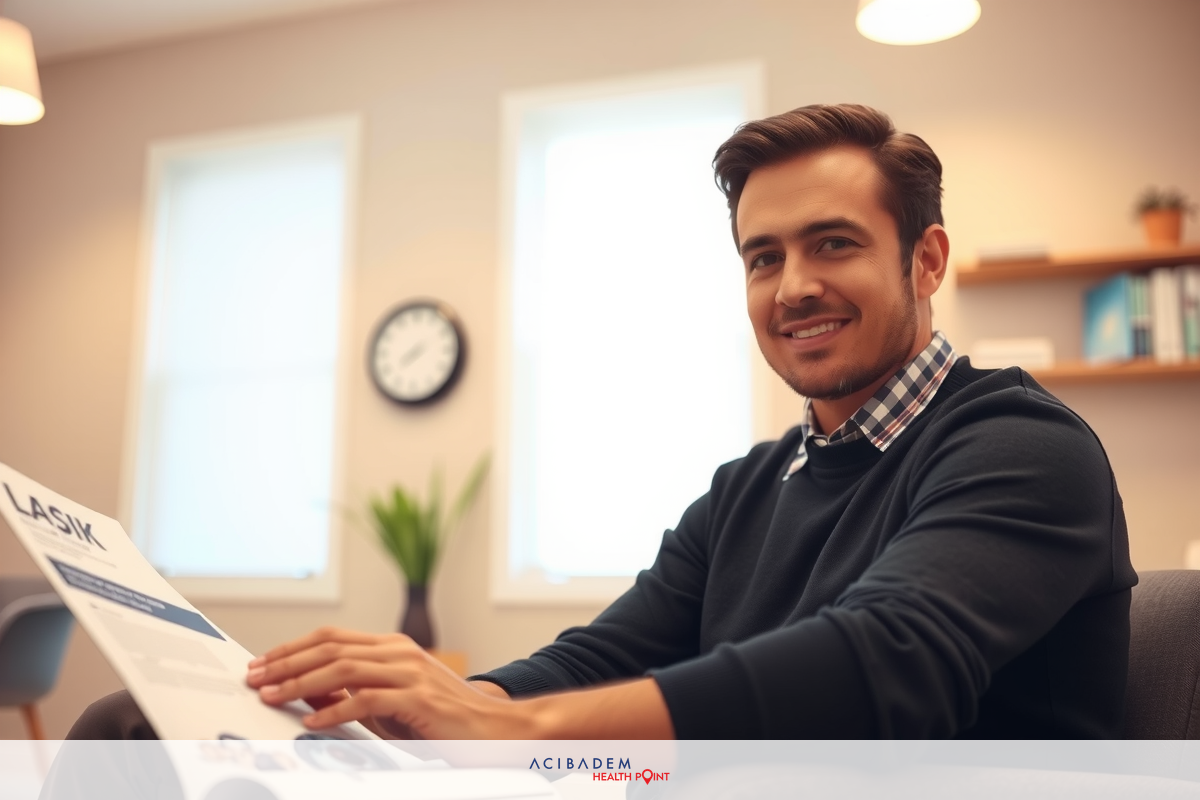 The image features a young man sitting in an office environment, wearing a casual sweater. He is holding a document or brochure and appears to be reviewing it, possibly preparing for a meeting or presentation.