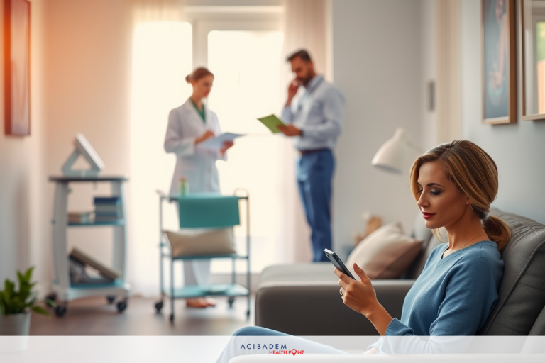 The image portrays a modern indoor setting, likely a healthcare professional's home office. Two healthcare professionals are present; one is seated on the couch with a laptop and smartphone, while the other stands at a distance, holding papers.