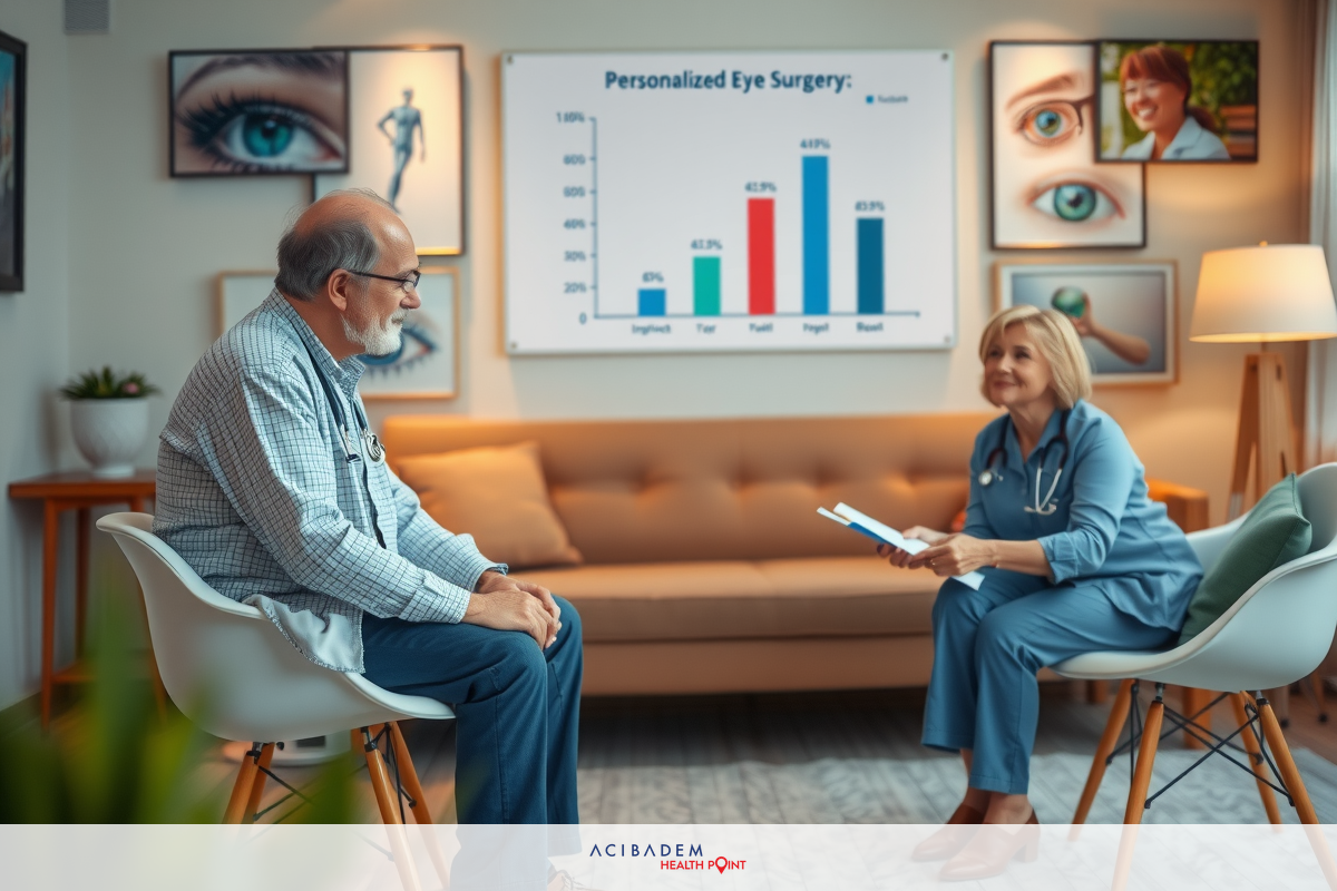 The image shows two people engaged in a conversation, possibly in a medical or office setting. The environment suggests a modern, clean space with professional ambiance.