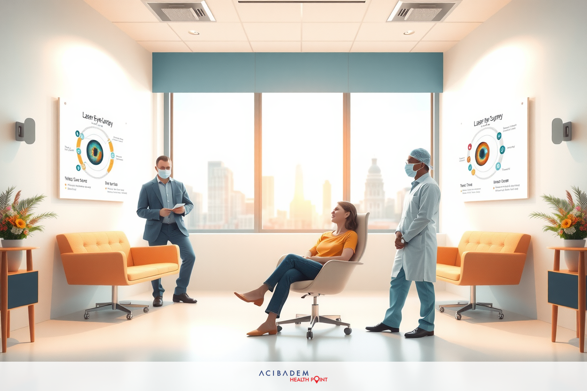 A professional office setting with three people engaged in a discussion. There's a large board displaying graphs and data which suggests they might be discussing work or financial reports.