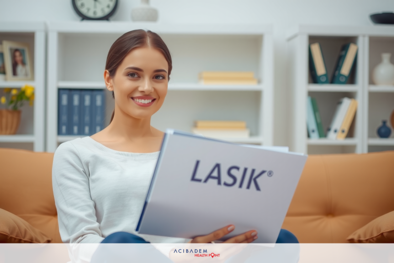 The image shows a woman sitting on a couch, smiling and holding a folder that reads 'LASIK'. The environment suggests a modern living room with books and decorative items in the background.