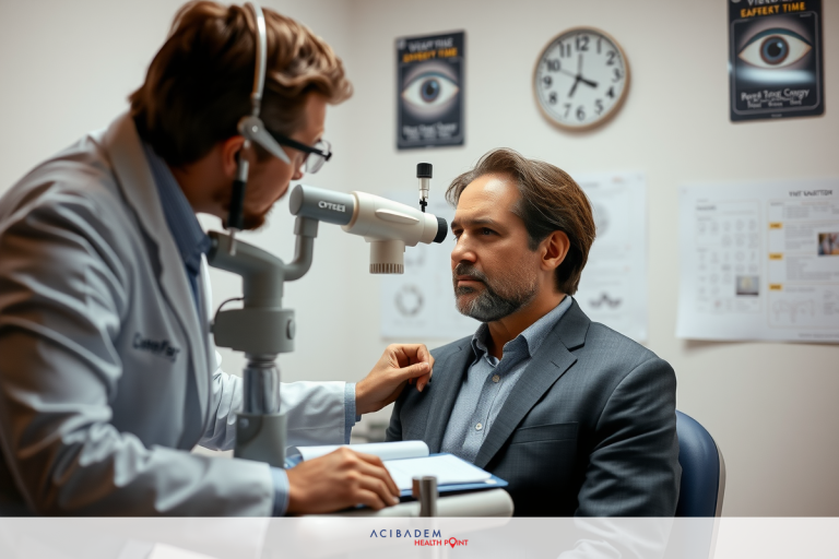 The image features two men in what appears to be a professional setting, possibly an eye examination room. The man on the right is being examined by the man on the left who is wearing glasses and holding some sort of optometric equipment. There are various medical charts hanging on the wall behind them, suggesting this is a clinical environment.