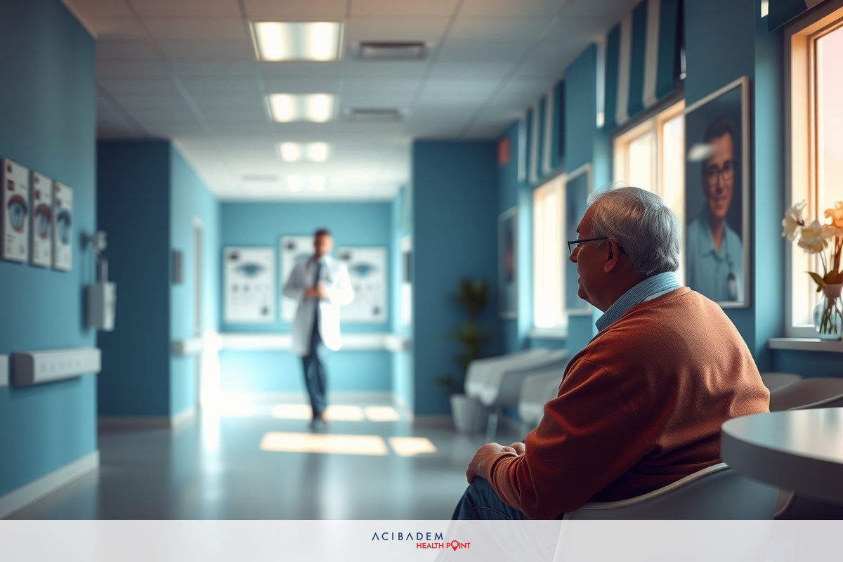 This is an image of a medical waiting area. A man in a white coat, suggesting he's a doctor or medical professional, walks towards a seated patient wearing glasses. The room has blue walls and modern furnishings.