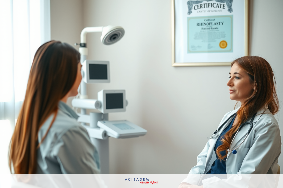 The image depicts an indoor setting, likely a medical office. Two individuals, one wearing scrubs and the other in casual attire, are seated facing each other with a professional focus. The person in scrubs is situated near what appears to be an eye examination station, suggesting they may be a healthcare provider conducting an examination. The room is well-lit and contains medical equipment.