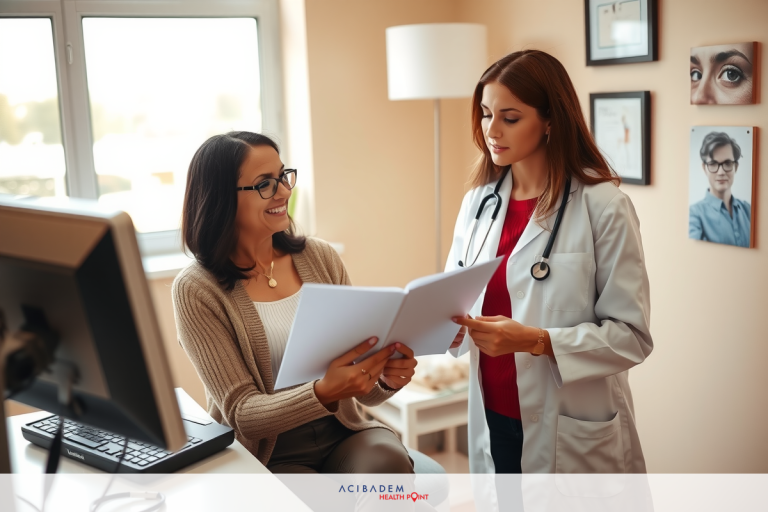 Can I Have Laser Eye Surgery with High Blood Pressure? Two women in a clinical setting. One woman is wearing a white lab coat and is holding papers, appearing to be a medical professional consulting with another woman who is seated across from her.