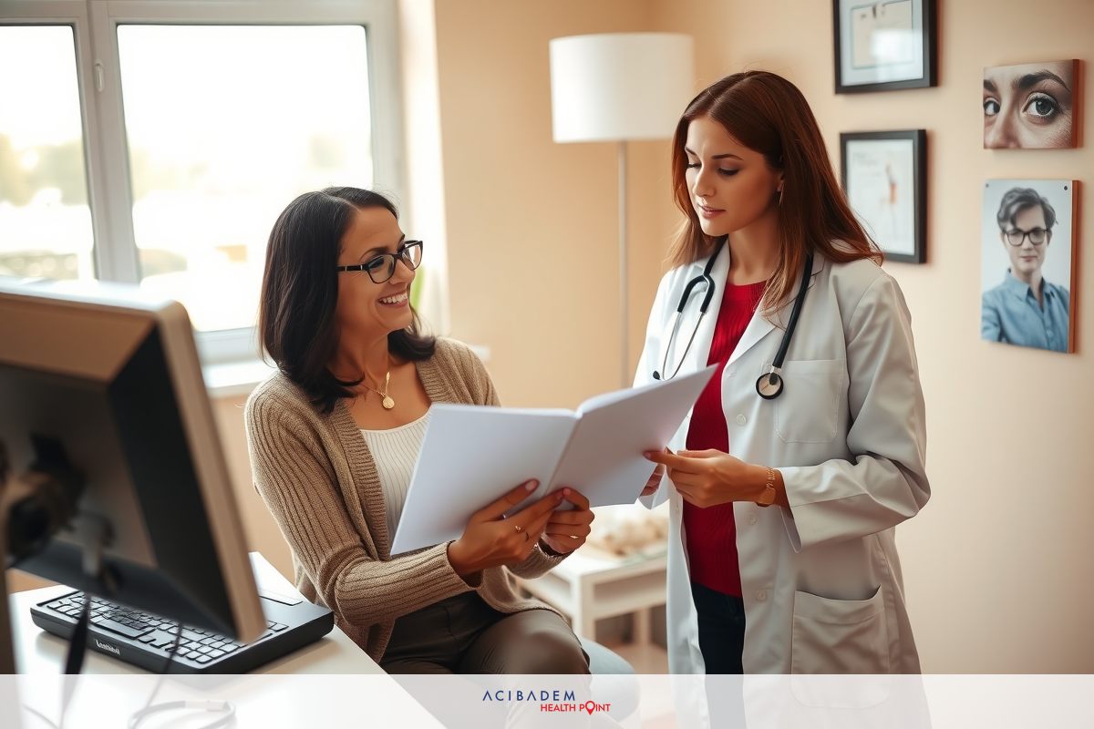 Two women in a clinical setting. One woman is wearing a white lab coat and is holding papers, appearing to be a medical professional consulting with another woman who is seated across from her.