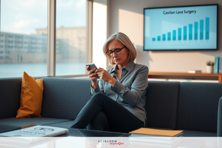 How Much It Cost for Laser Eye Surgery A professional woman sitting on a gray couch, wearing glasses and looking at her phone. Her attire is casual yet professional with black pants. The office environment has a monitor displaying graphs and charts in the background.