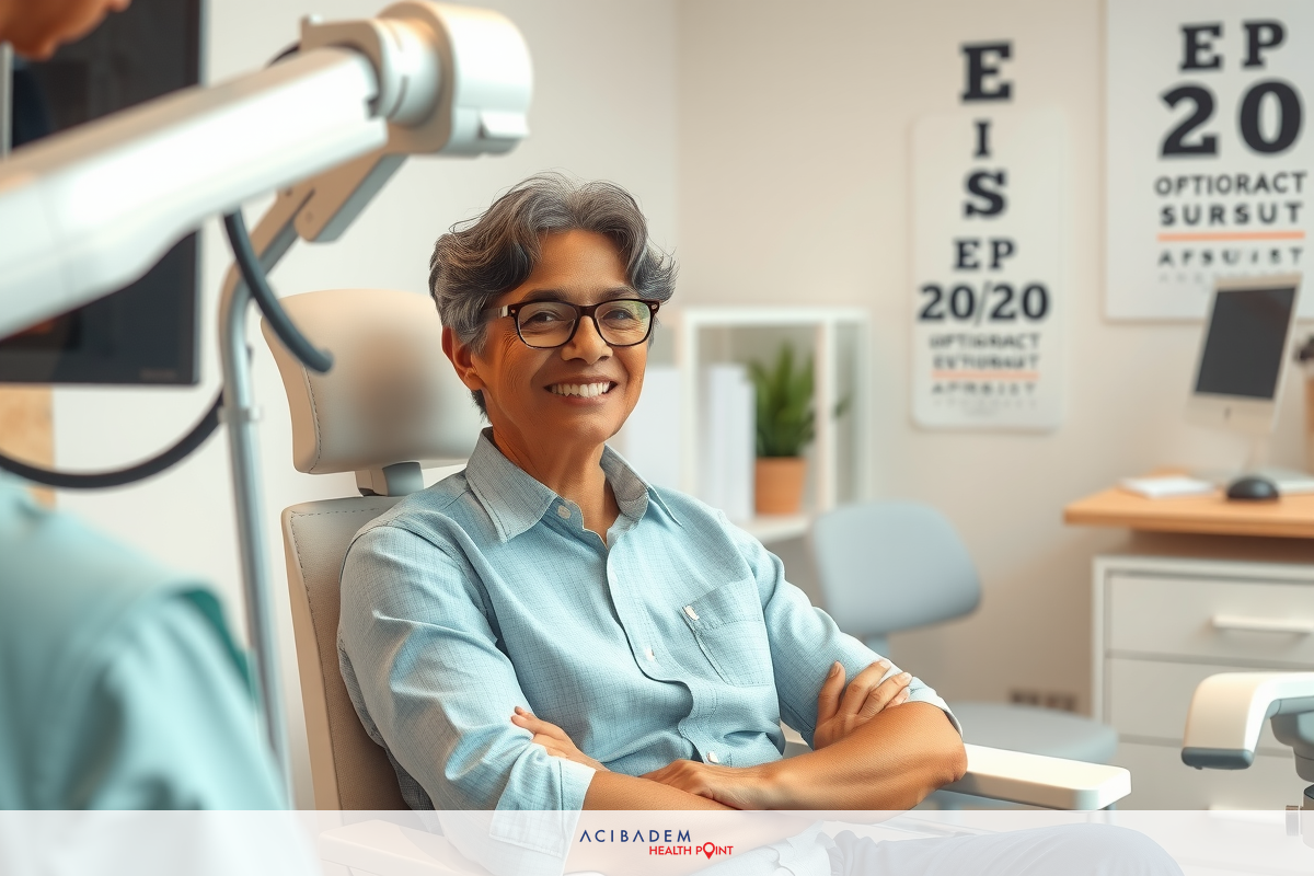 Smiling woman at the dentist's office, wearing glasses and a blue shirt. She is seated in a dental chair, receiving care by a ophthalmologist.