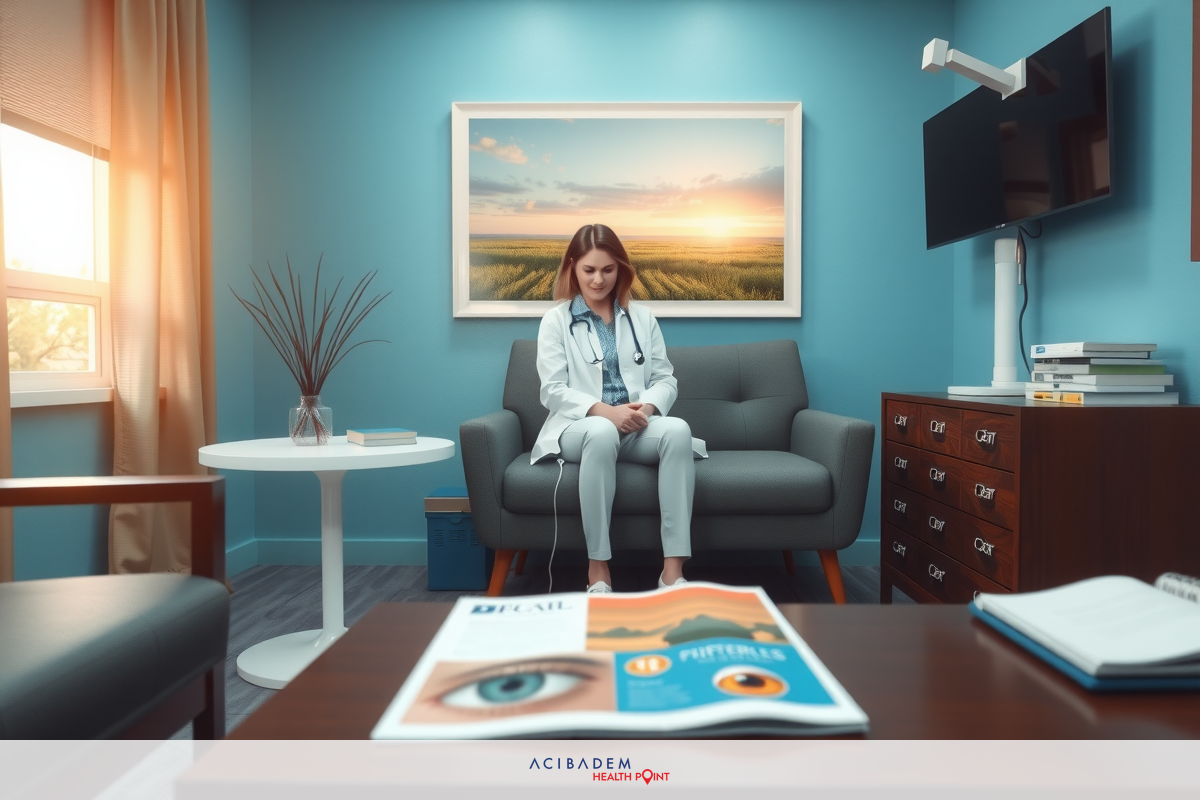 An image of a young woman seated in an office environment, wearing a white medical coat. She is sitting on the arm of a couch and appears to be reading or observing something attentively. The room has blue walls with artwork and medical-related decorations.