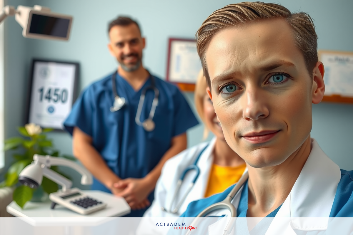 The image shows an office environment where medical professionals, possibly doctors and nurses, are gathered. There's a woman in the foreground who appears to be looking directly at the camera. In the background, there is another person wearing a stethoscope around their neck, indicating that they might be a medical professional as well. The office setting suggests this could be a healthcare or medical office. The overall mood of the image is professional and focused.