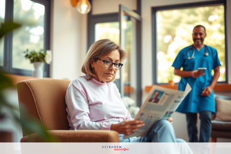 The image depicts a woman sitting on a couch, reading a magazine or newspaper. She appears to be in a comfortable indoor setting, possibly a home or medical office. The man standing beside her is dressed in a blue uniform, which suggests he could be a caregiver or medical professional. The environment seems calm and patient-focused.