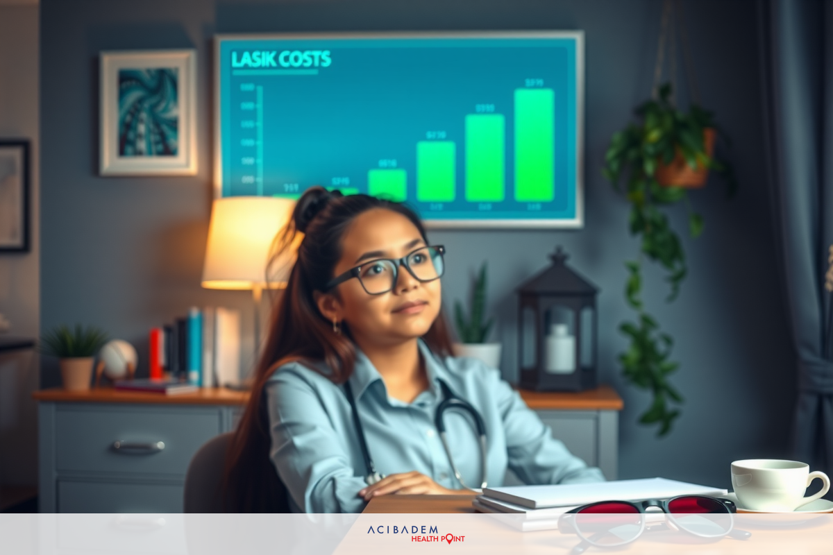 A young woman wearing glasses is sitting at a desk. There are multiple computer screens displaying charts and graphs, suggesting she is analyzing business data or performance metrics.
