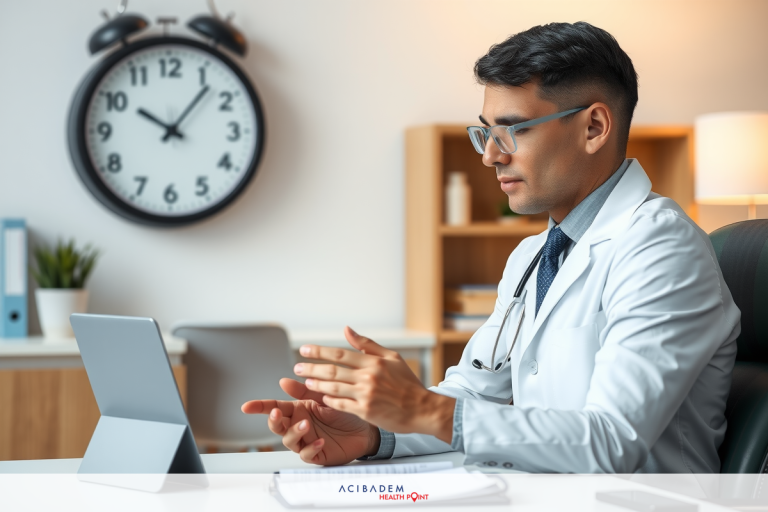 This image depicts a professional setting, likely an office or clinic. A doctor dressed in a white coat and tie is sitting at a desk using a tablet. The environment appears to be tidy with a wall clock on the wall displaying the time.