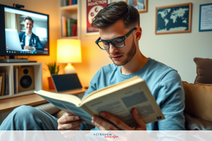 Man sitting on couch reading book. He is wearing glasses and casual clothing. The living room has a television, decorative pillows, and cozy atmosphere.