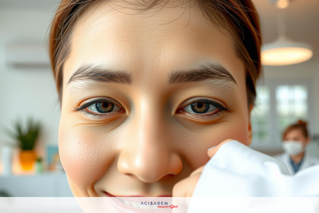 A woman with an open smile, looking towards the camera, wearing makeup and a white top. Her hair is pulled back, and she's touching her nose lightly. The background features home decor with natural light.