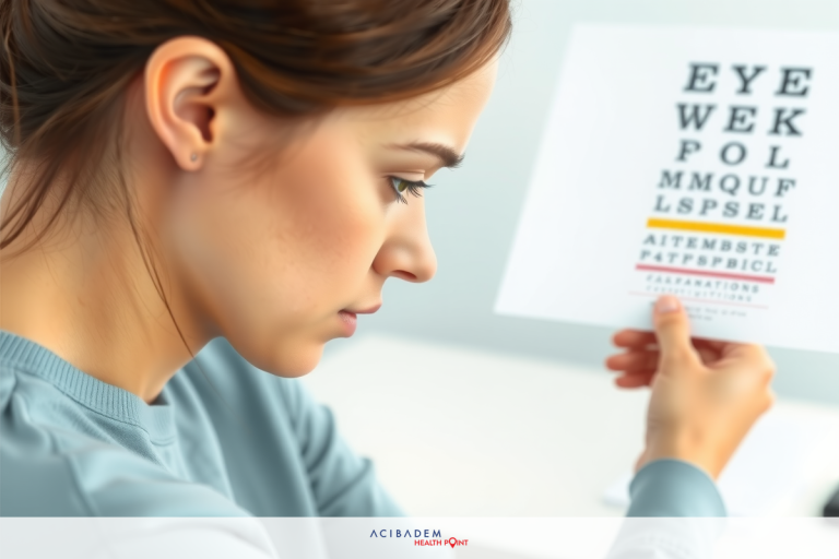 A woman in a professional office environment is focused on an eye exam chart. She is wearing a light-colored top and appears to be checking the results of her eye exam, suggesting a sense of seriousness or attentiveness.