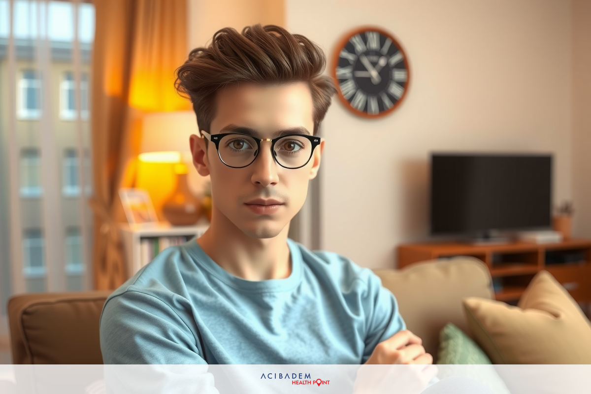 Man sitting in living room wearing glasses and blue shirt.