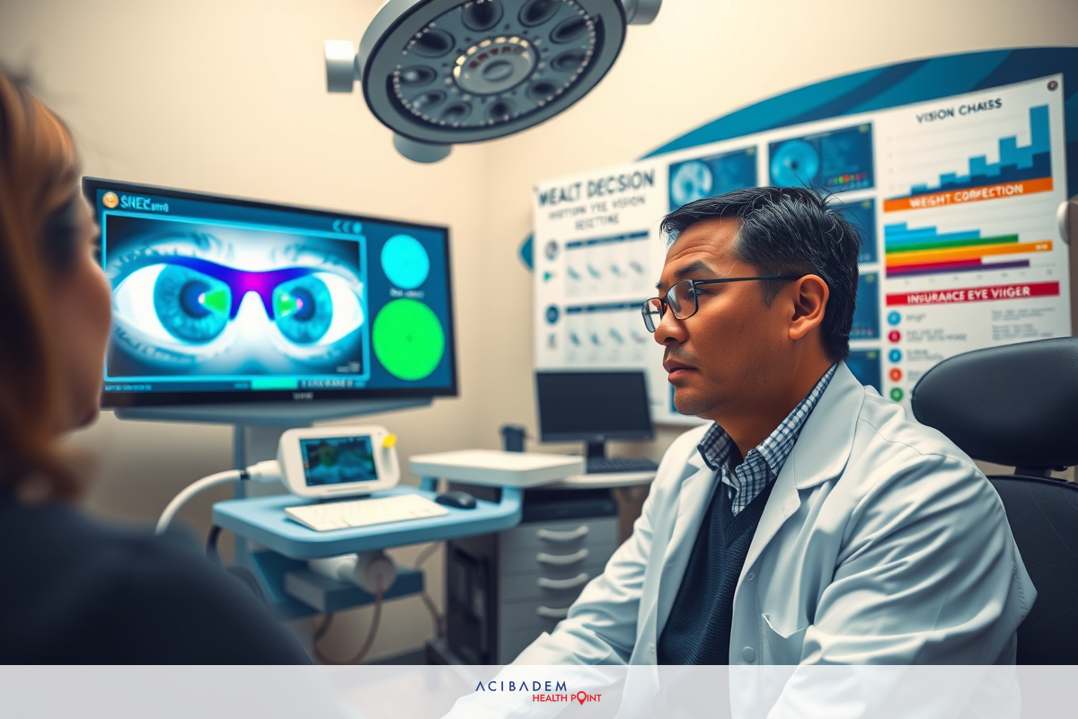 In an office setting, a doctor is attentively listening to a patient's eye examination report on a monitor. The doctor has glasses and wears a lab coat, suggesting a professional medical environment.