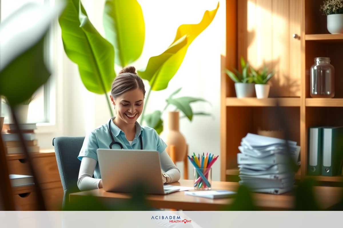 A smiling nurse in a vibrant office environment, working on her laptop surrounded by potted plants and books.