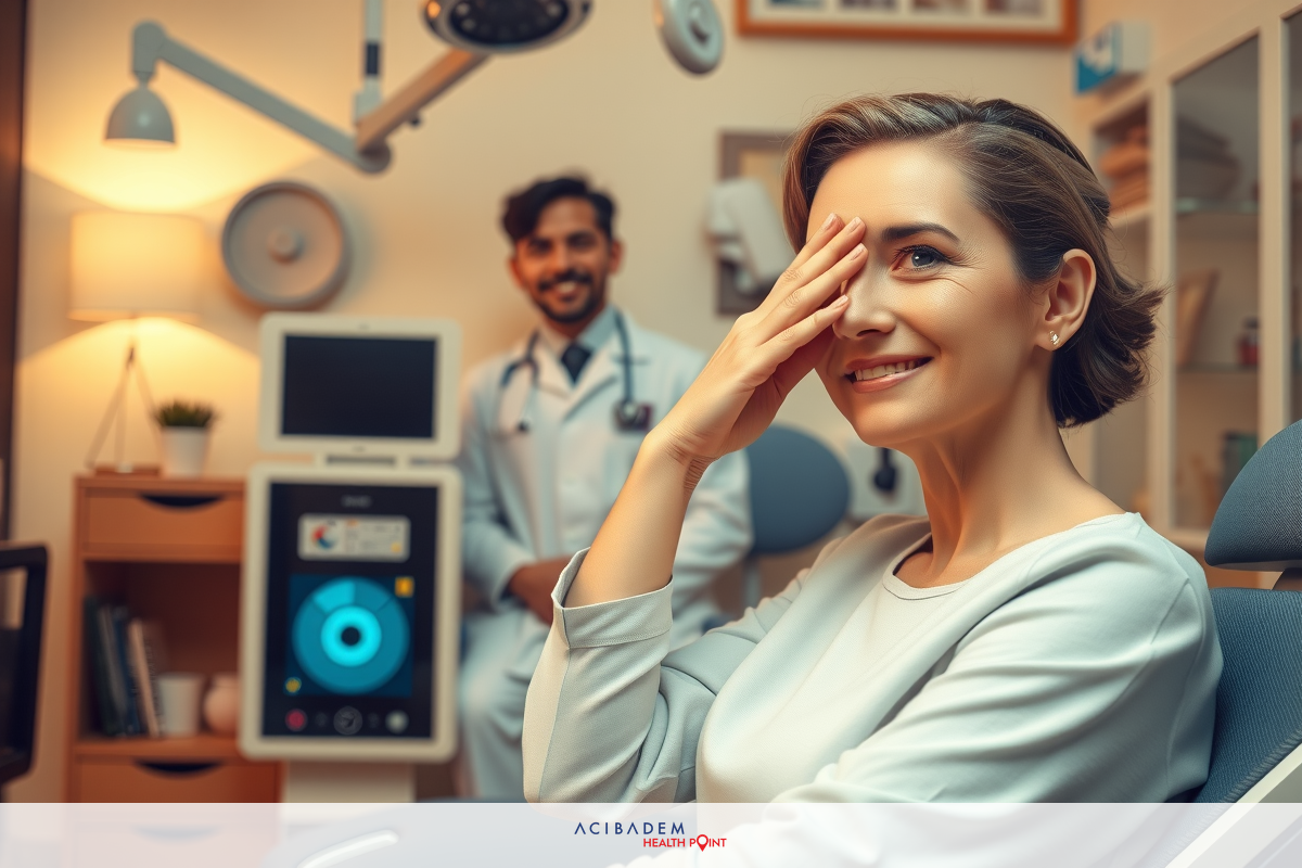 A woman sitting in a patient chair, looking away from the camera, covering her eye with her hand. Medical equipment, including an eye exam machine, is nearby in an eye office setting.