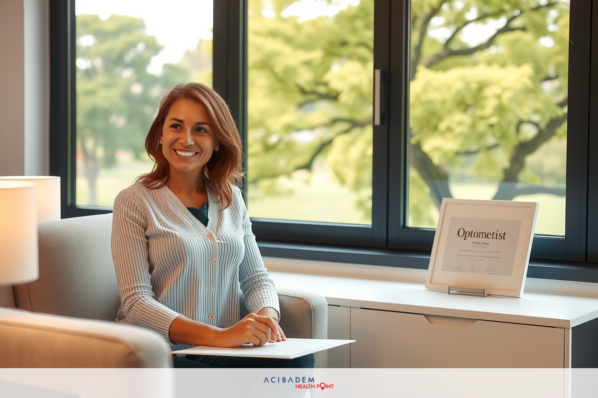 The image features a woman sitting in an office environment. She is seated comfortably on a couch, smiling and looking at the camera with her head slightly tilted to the side. Her attire consists of a casual blouse over pants.