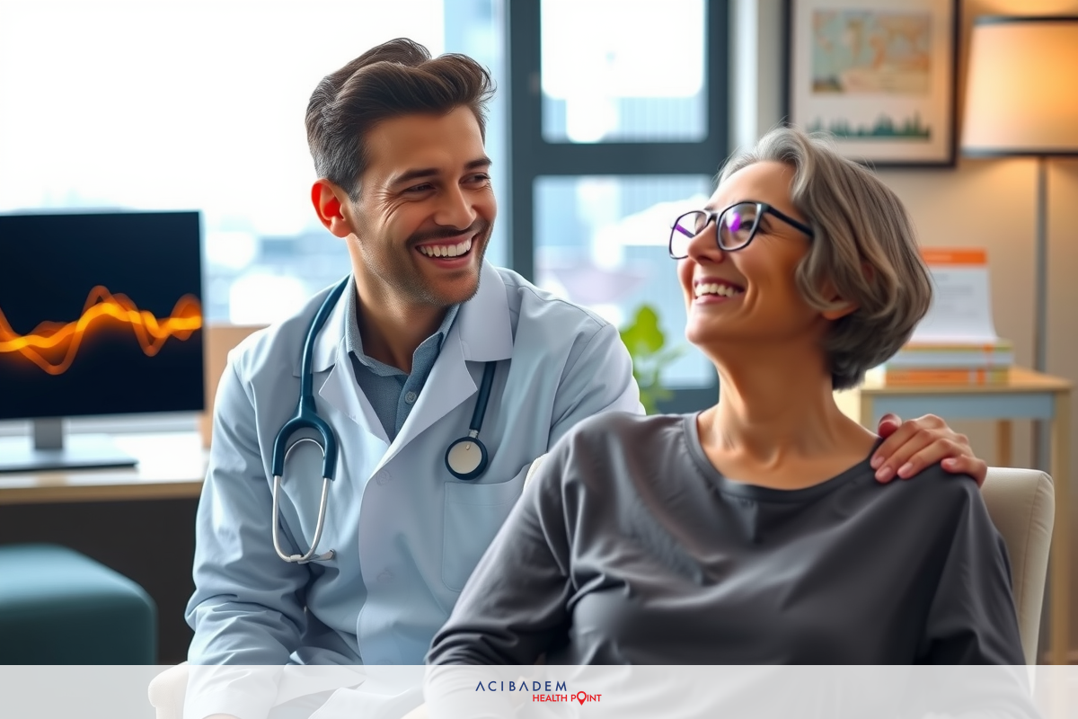 A male doctor and female patient in an office environment with a smiling interaction, indicating positive healthcare experience.