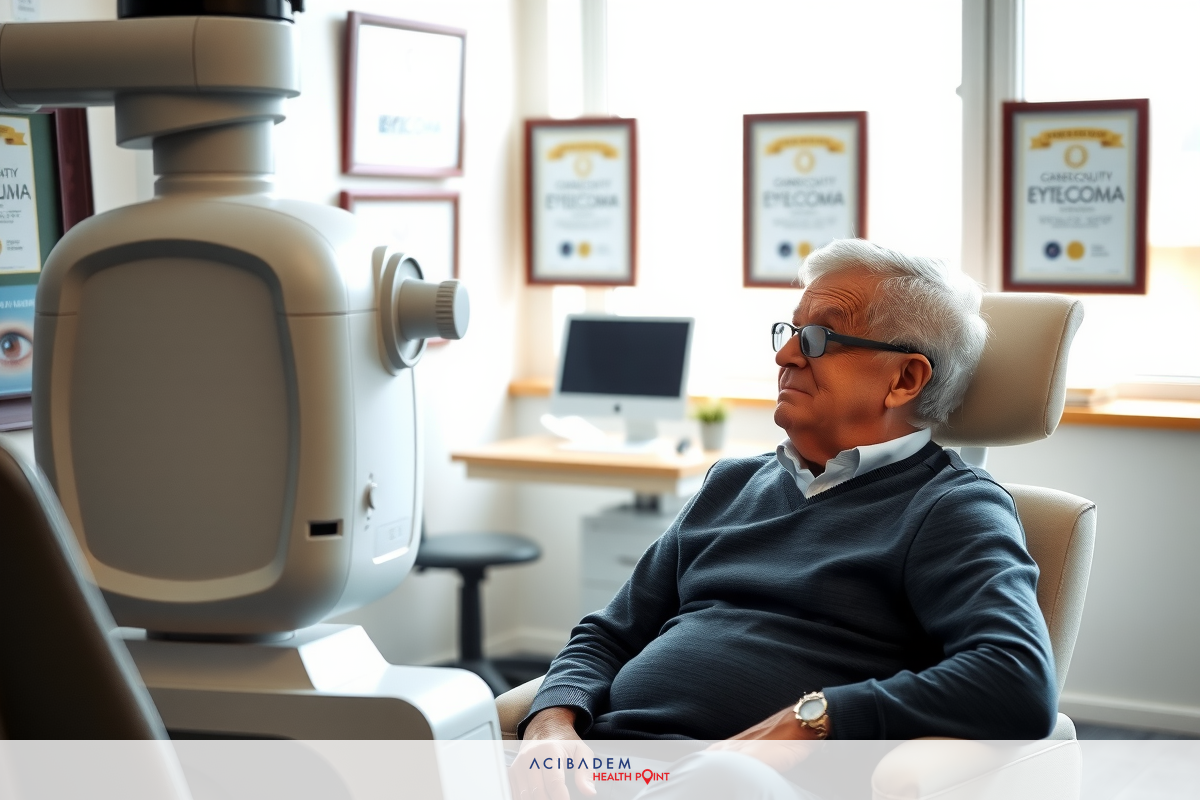 This is an image of a man wearing dark sunglasses and sitting in a hospital chair. He appears to be undergoing an eye scan, likely for the purpose of prescription glasses or contact lenses.