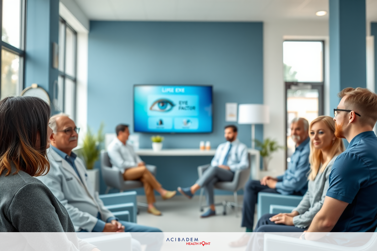 Group of professionals seated in a modern meeting room with a large screen displaying an eye chart. They're dressed in business casual attire.