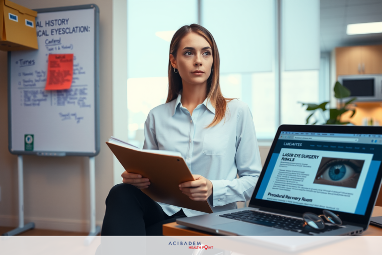 Is it Possible to Get Laser Eye Surgery Twice? A professional woman sitting at a desk, focused on a laptop. She appears to be taking notes or reading documents, in an office setting with typical office equipment.