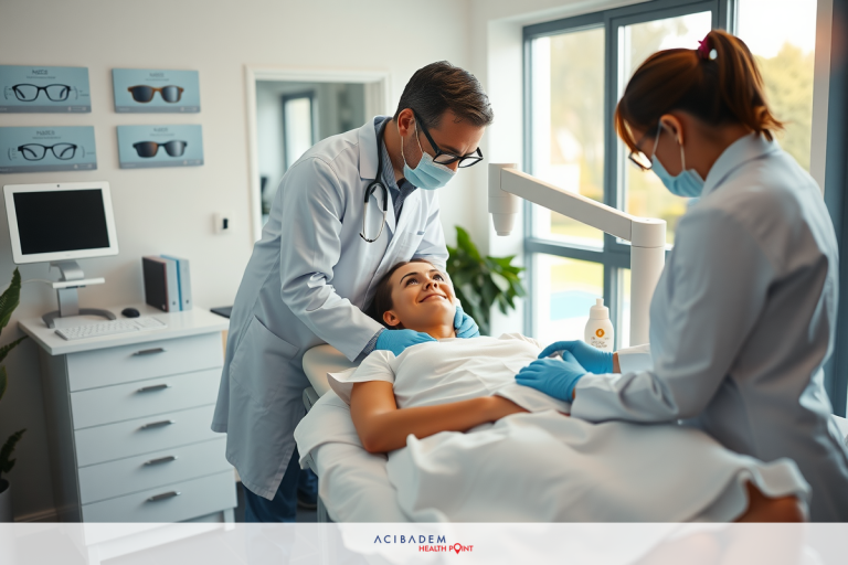 How Much Is Laser Eye Surgery Melbourne The image shows a professional medical setting with two doctors attending to a patient. The room is well-lit and clean, equipped with medical equipment.