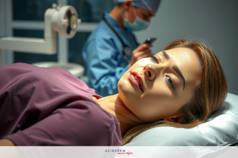 Medical scene of a doctor looking at a patient. The patient is lying on the operating table, looking comfortable. The doctor is wearing a surgical gown and face mask, indicating sterile conditions in a medical environment.