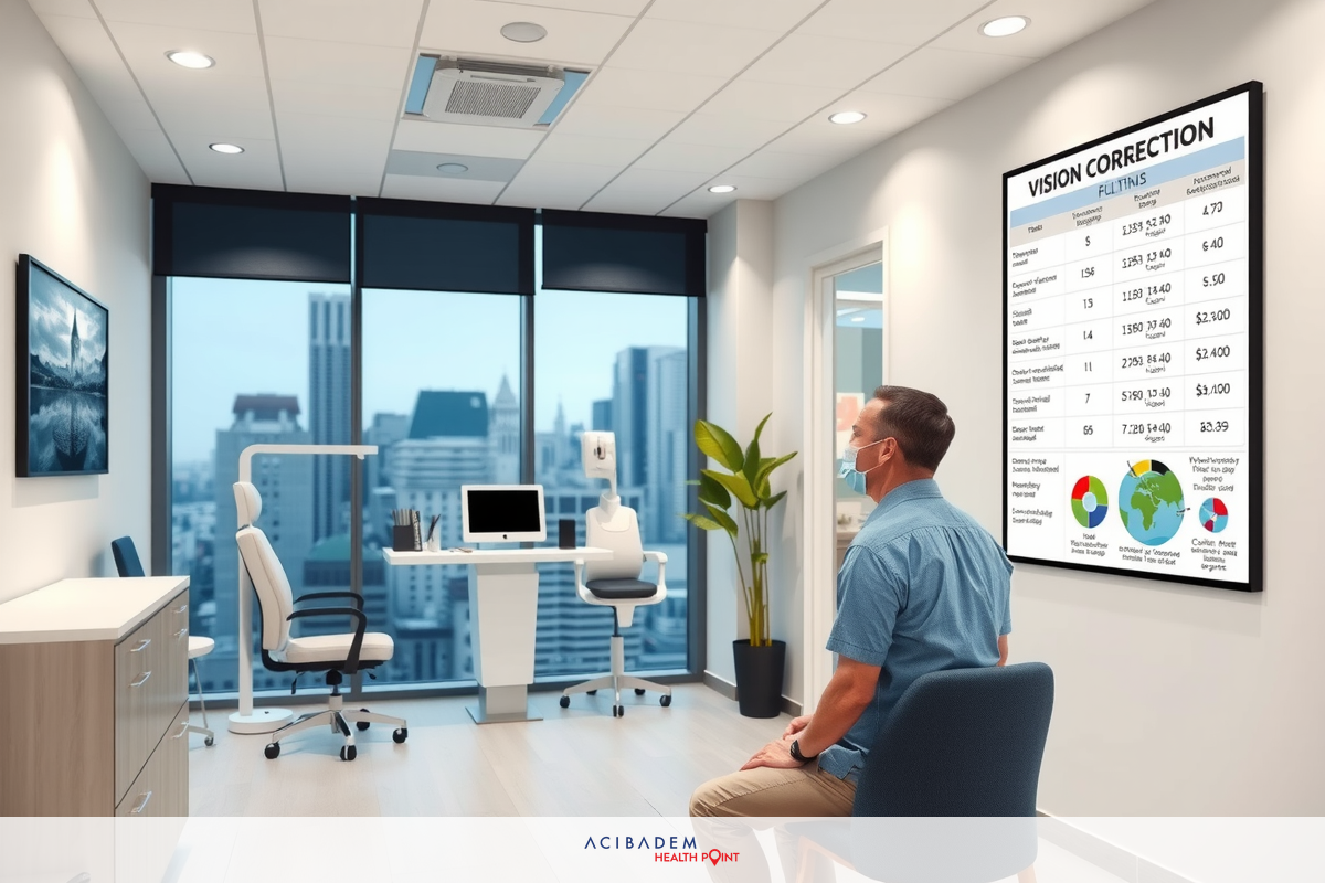The image shows a modern office space with large windows offering a view of a city skyline. Inside the room, there is an individual seated at a desk with various pieces of technology and furniture, including a computer monitor, keyboard, chair, and plants.